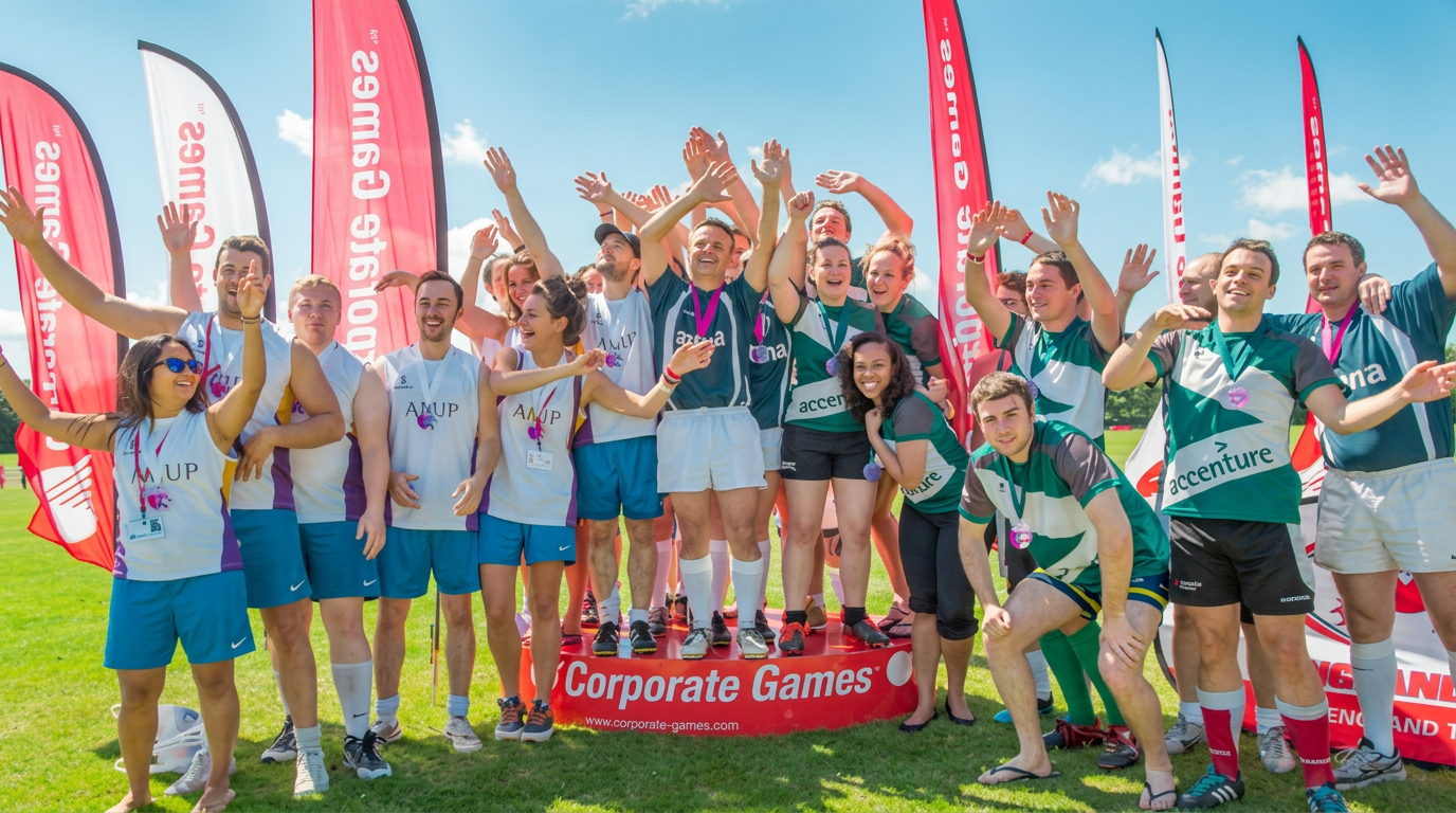 Equipes celebrando no pódio do Corporate Games Brasil