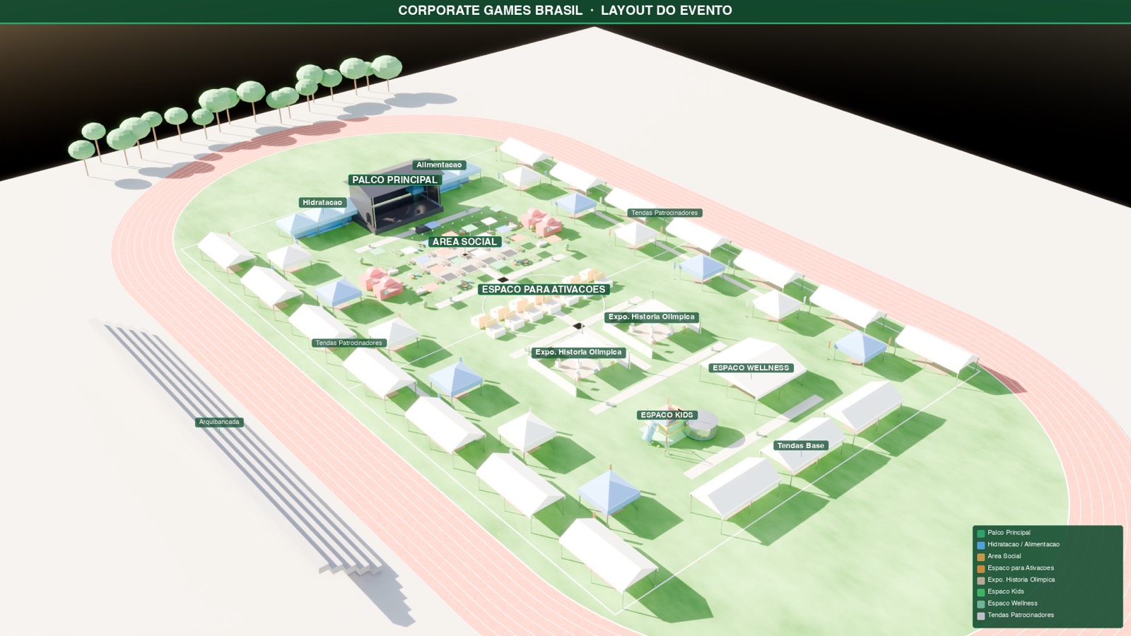 Mapa completo do layout do Corporate Games Brasil no Centro Olímpico de São Paulo